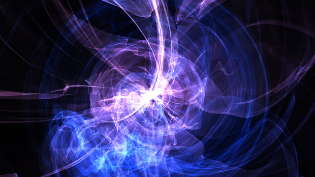 Abstract energy ball. Luminous nuclear model on dark background. Glowing energy ball. Nuclear reaction element. Close up swirling pink and blue smoke on black background. 3d rendering.