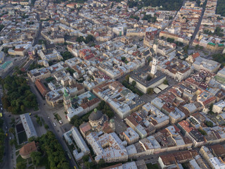 Aerial City Lviv, Ukraine. European City. Popular areas of the city. Town Hall