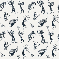 Hand drawn Kokopelli seamless pattern. Stylized mythical characters playing flutes.