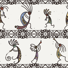 Hand drawn Kokopelli seamless pattern. Stylized mythical characters playing flutes.