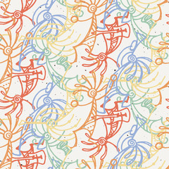 Hand drawn Kokopelli seamless pattern. Stylized mythical characters playing flutes.