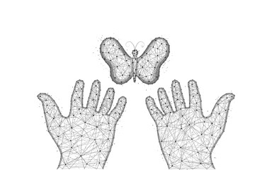 Releases a butterfly low poly design, moth abstract geometric image, human hands and insect wireframe mesh polygonal vector illustration made from points and lines on white background