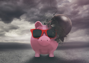 Piggy bank resists a demolition ball during a storm . Reliable and secure financial product