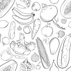 hand drawing. seamless pattern with fruits and vegetables. banana, lemon, grapes, peach, Strawberry, cherry, Garnet, papaya, raspberry, corn, garlic , mushroom