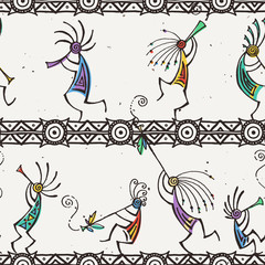 Hand drawn Kokopelli seamless pattern. Stylized mythical characters playing flutes.