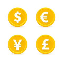 Dollar, euro, japanese yen, british pound sterling. Set of coins