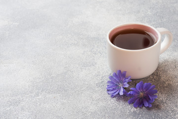Cup with chicory drink and blue chicory flowers on grey table. Copy space.
