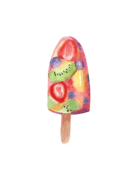 Hand drawn watercolor Colorful Ice cream popsicle with fruits