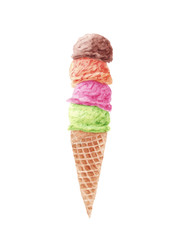 Hand drawn watercolor Ice cream in waffle cone.
