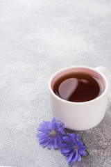 Cup with chicory drink and blue chicory flowers on grey table. Copy space.