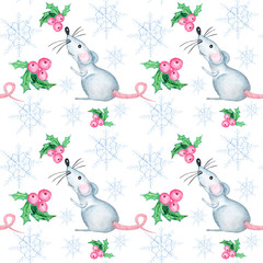 Watercolor snowflakes, rat and christmas berries seamless pattern. Blue snowflake on a white background. Winter holidays wallpaper, Christmas and New year hand drawn illustrations.
