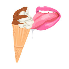 sexy lips. open mouth with tongue.Attractive female mouth with saliva licks ice cream. print for T-shirt or tattoo. isolated on white background