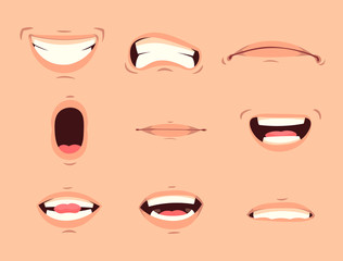 Cartoon cute mouth expressions facial gestures set with pouting lips smiling sticking out tongue isolated vector illustration