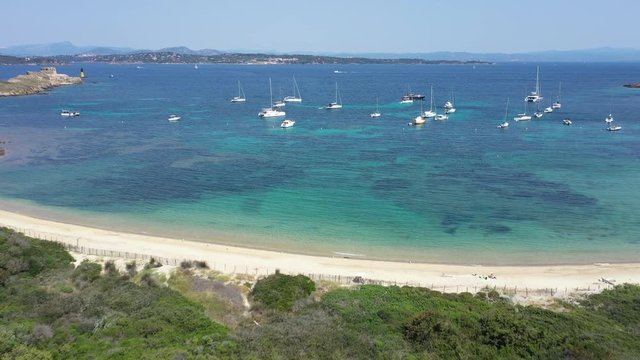 Aerial view of Porquerolles island in National park of Port Cros, view of Notre Dame Beach