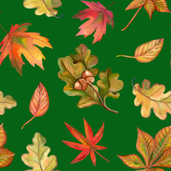 Autumn seamless pattern. Beautiful background with fallen leaves. Realistic drawing with acrylic paints. Vintage style. Ideal for postcards, wrapping paper, fabric and other designs.