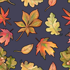 Autumn seamless pattern. Beautiful background with fallen leaves. Realistic drawing with acrylic paints. Vintage style. Ideal for postcards, wrapping paper, fabric and other designs.