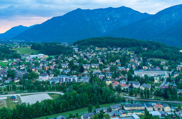 Fototapeta na wymiar Panoramic view of Bad Ischl in Austria from Siriuskogl at dusk.