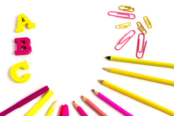 Education or back to school concept. Colorfull school supplies on white background