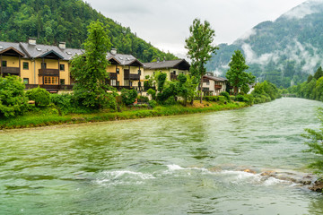 Fototapeta na wymiar View of Traun River in Bad Ischl, a spa town in Austria