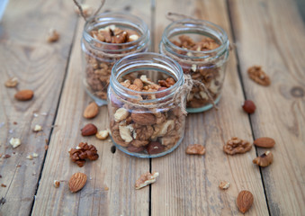Fototapeta na wymiar raw food meal sprinkled nuts walnut almond hazelnut