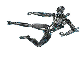 ninja robot doing a super kick in a white background