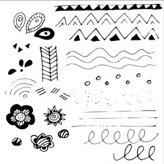 Vector doodle set in black and white colors with flowers, feathers, leaves, triangles, waves and abstract elements