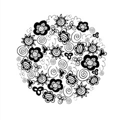Vector rounded shape in black and white colors with flowers, suns and abstract elements in doodle style. Perfect for sketch style graphics, posters, print and fabric, backgrounds and cards