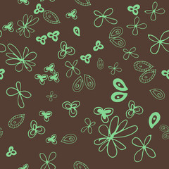 Vector seamless pattern with flowers in brown and green colors