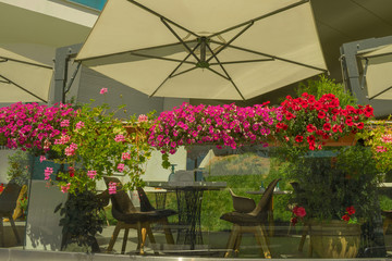 Fototapeta na wymiar Table of street cafe and sun umbrella