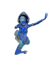 alien queen in a red sci fi outfit doing a angry jump in a white background