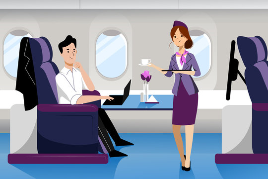 Man travel by airplane in business class. Vector flat cartoon illustration. Plane interior with comfortable seat.