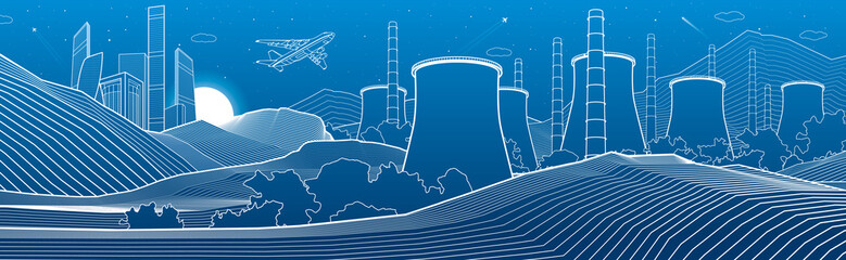 Outline industry illustration panoramic. Night city scene. Power Plant in mountains. White lines on blue background. Vector design art