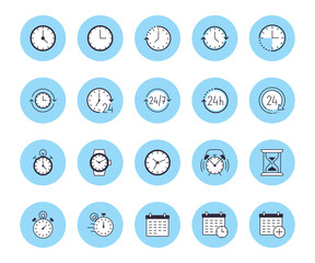 Time flat line icons set. Alarm clock, stopwatch, timer, sand glass, day and night, calendar vector illustrations. Thin signs for productivity management