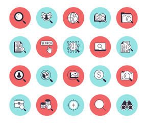 Data search flat line icons set. Magnify glass, find people, image zoom, database exploration, analysis vector illustrations. Thin signs for web engine