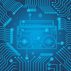 High-tech technology blue background texture. Circuit board minimal pattern cassette player. Science vector illustration.
