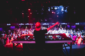 DJ performing for nightclub, view from behind - obrazy, fototapety, plakaty