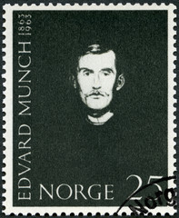 NORWAY - CIRCA 1963: A stamp printed in Norway shows Self-Portrait by Edvard Munch (1863-1944), artist, paintings - obrazy, fototapety, plakaty