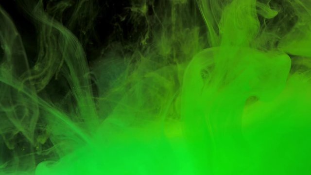 Colorful green ink mixing in water, swirling softly underwater with copy space. Colored acrylic cloud of paint isolated. Abstract smoke explosion animation. Universe. Art background. Slow motion. 4K