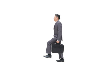 Business man stepping up stairs isolated on white background successful concept