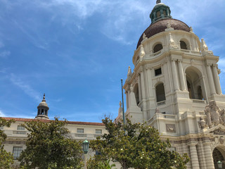 The Pasadena City Hall main tower and arcade. The City Hall was completed in 1927 and serves as the central location for city government. Pasadena, California, USA