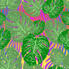 Monstera tropical leaf vector illustration. Summer print. Seamless pattern