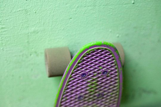 Board for riding. Longboard for exploring the city. The board is in the stairwell.