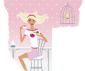 Horoscope chic ladies. Taurus girl at a table in a cafe. Canary in a cage