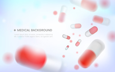 Medical background.blurred capsules. Painkillers, antibiotics, vitamins, amino acids, minerals, bio active additive, sports nutrition. Icons of medicament.