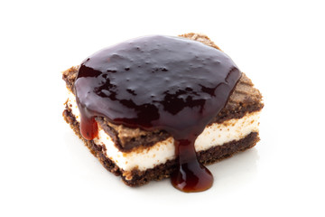 waffle cake with syrup isolated on white