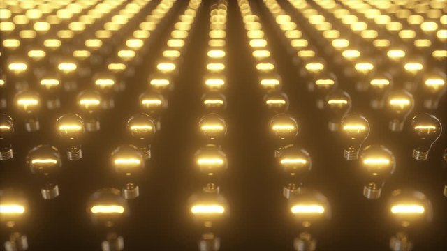 Infinite surface of flashing incandescent bulbs. Blinking lights. Seamless loop 3d render