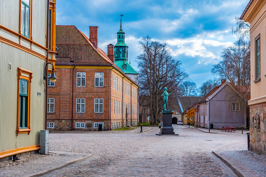 Torvet square in Fredrikstad with statue of the founder of the city - king Fredrik II, Norway