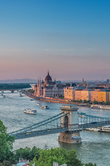 Fototapeta na wymiar Panorama of Budapest at sunset. Hungarian landmarks