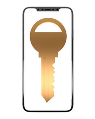 golden key on the smartphone frontal view