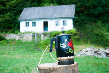 Vintage teapot painted with flowers. Against the background of nature.